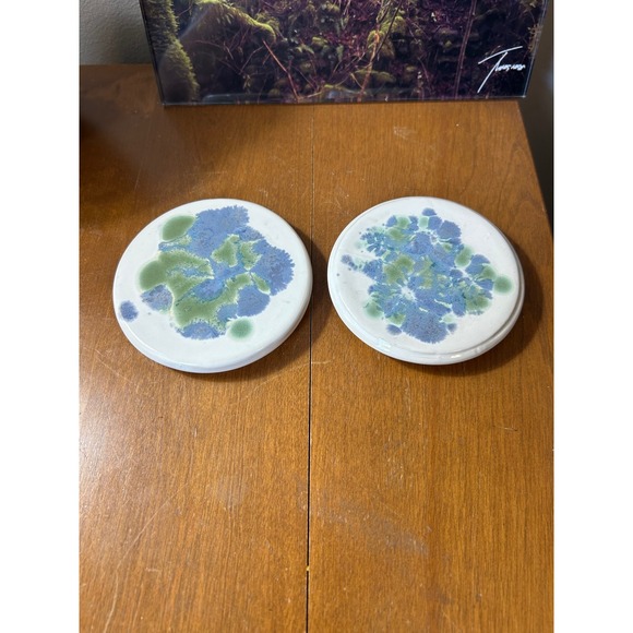 Handmade Other - Vintage Artisan Studio Pottery Ceramic Coasters Blue Green Drip Glaze Set of 2